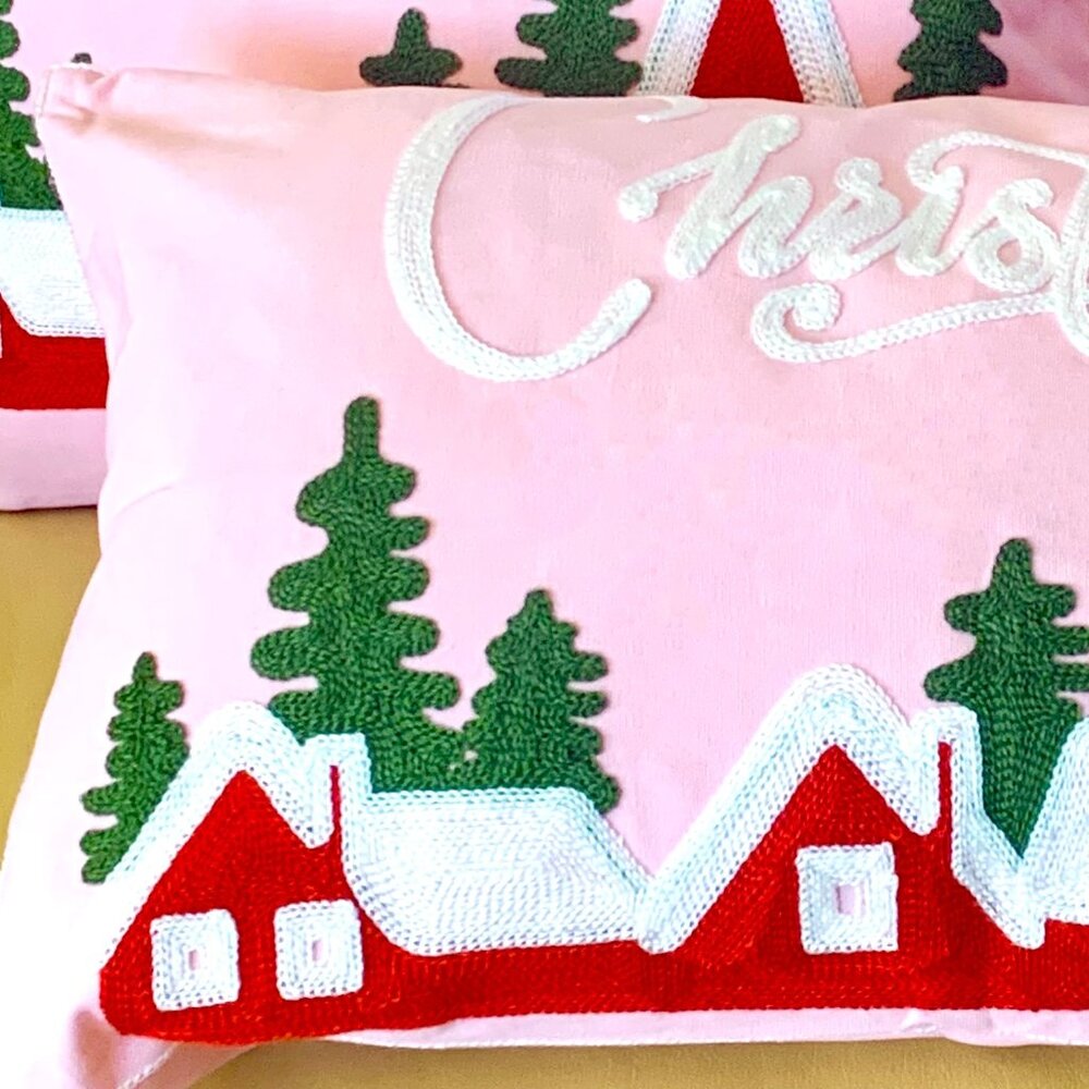 12x20 Pink Christmas Embroidered Merry Christmas Village Throw Pillow Cover New - Picture 2 of 5